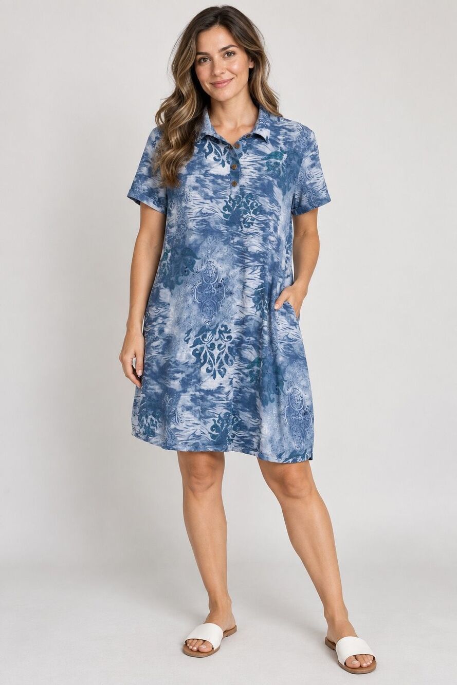 Caribbean Joe XL Blue Rayon Batik Shirt Dress Tropical Boho Vintage